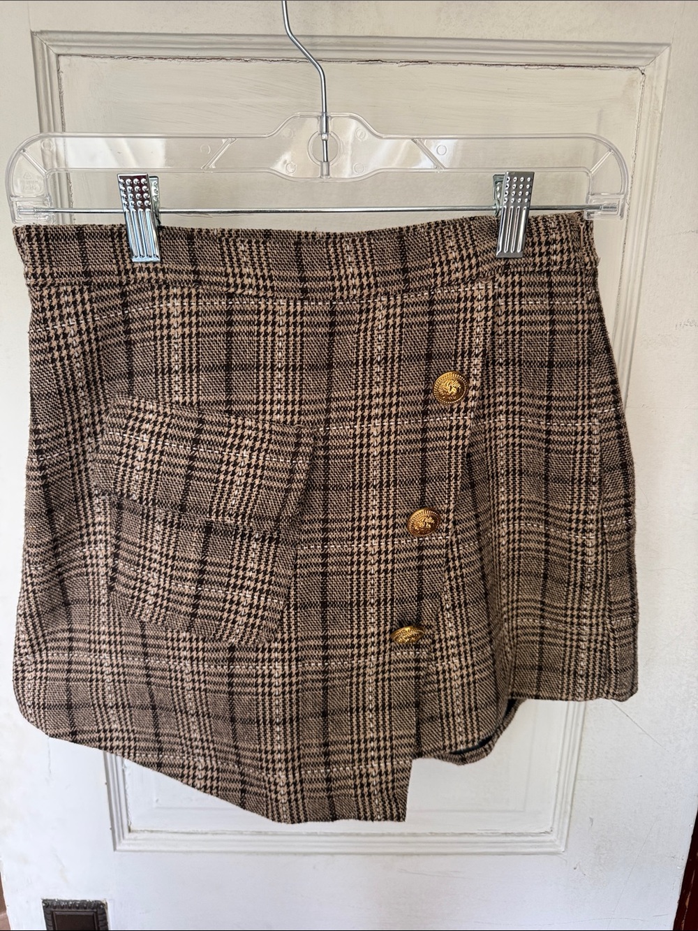 Plaid Button-Front Skort in Brown